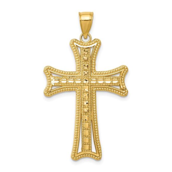 14k Yellow Gold Diamond-Cut Milgrain Cross Pendant 22 x 40mm